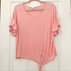 Caution To The Wind Pink ruffle sleeve tie tee